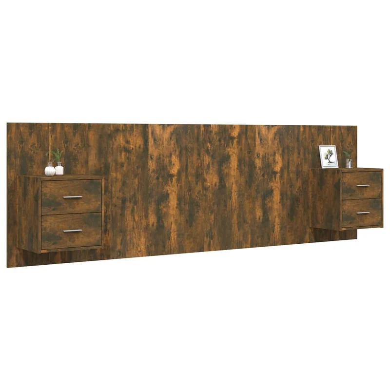 Tête de lit accessoire couchage chambre à coucher meuble avec chevet intégré étagère MDF marron clair TDL0205845