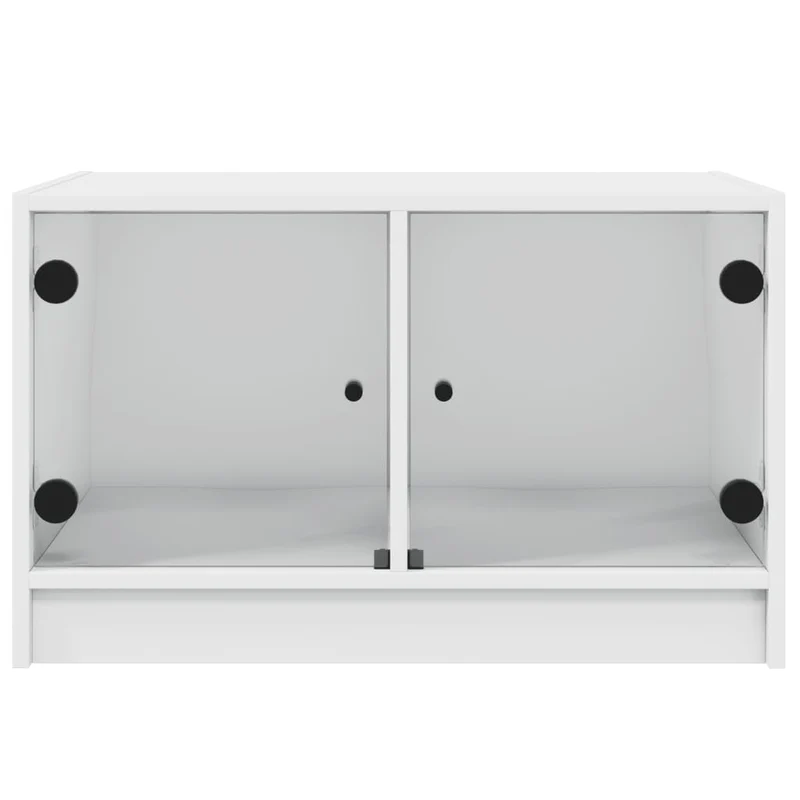 Table basse de salon design moderne avec portes vitrée 68 x 50 x 42 cm bois d'ingénierie blanc et verre DEC037724