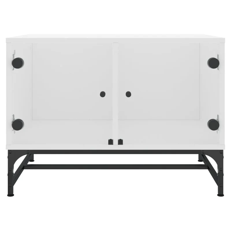 Table basse de salon design moderne avec portes vitrée 68,5 x 50 x 50 cm bois d'ingénierie blanc verre et acier DEC037723