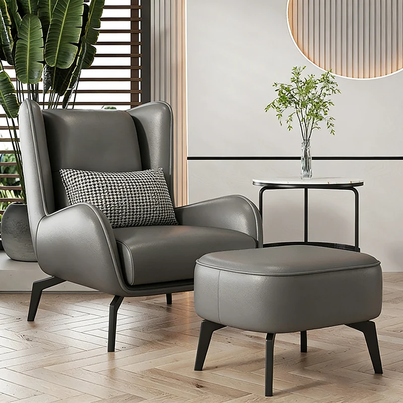 Contemporary Scandinavian Faux Nappa Leather Upholstered Accent Chair Wingback Flared Arm For Living Room