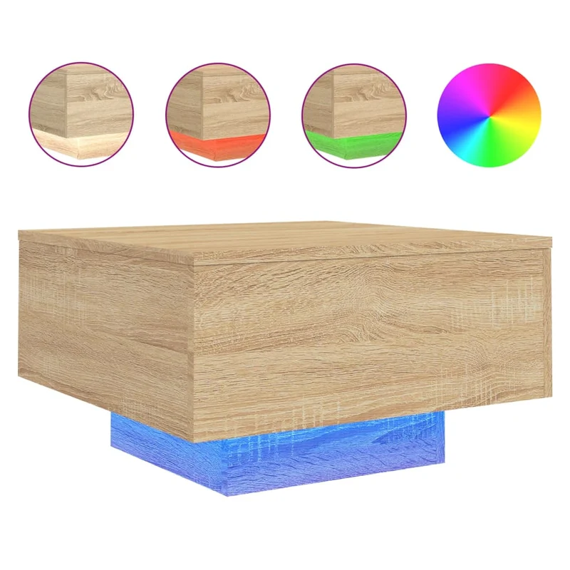 Table basse de salon design moderne avec lumières LED 55 x 55 x 31 cm bois d'ingénierie couleur chêne DEC037648