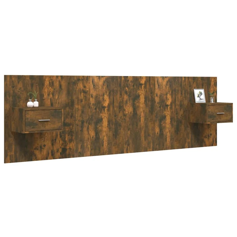Tête de lit accessoire couchage chambre à coucher meuble avec chevet intégré étagère MDF marron clair TDL0205843