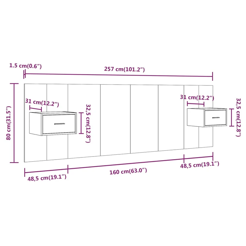 Tête de lit accessoire couchage chambre à coucher meuble avec chevet intégré étagère MDF gris TDL0205808