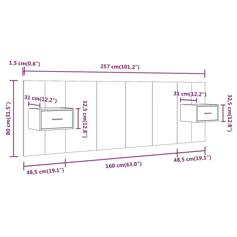 Tête de lit accessoire couchage chambre à coucher meuble avec chevet intégré étagère MDF gris TDL0205814