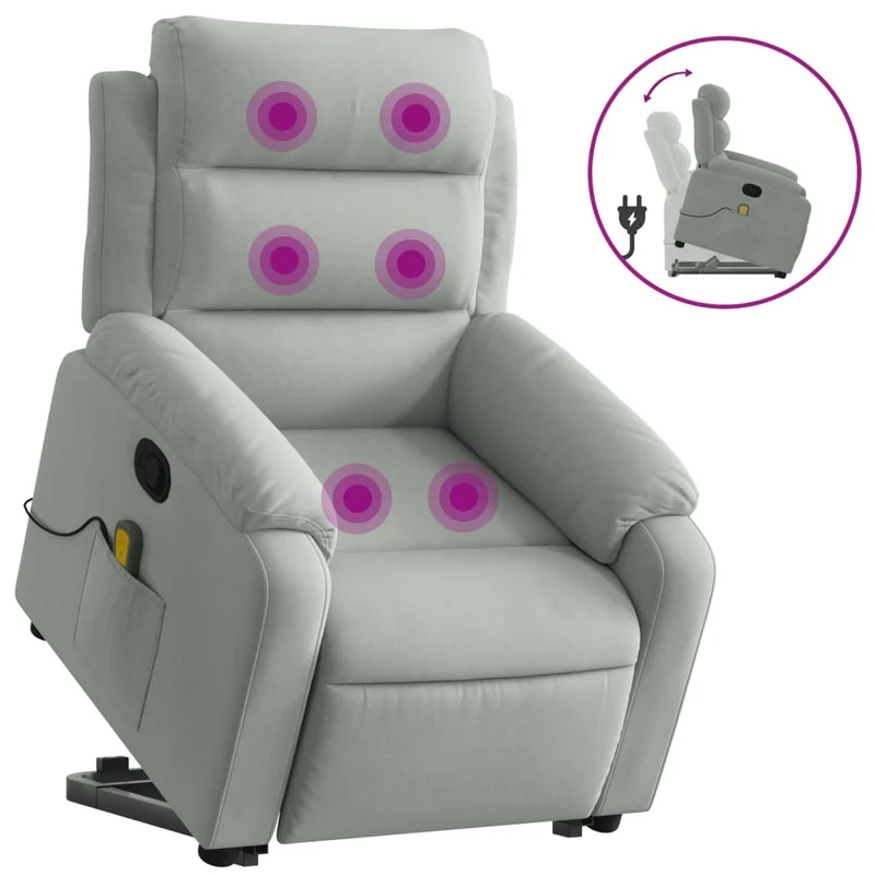 Fauteuil de relaxation TV fonction de levage électrique et massage en velours gris clair DEC026932