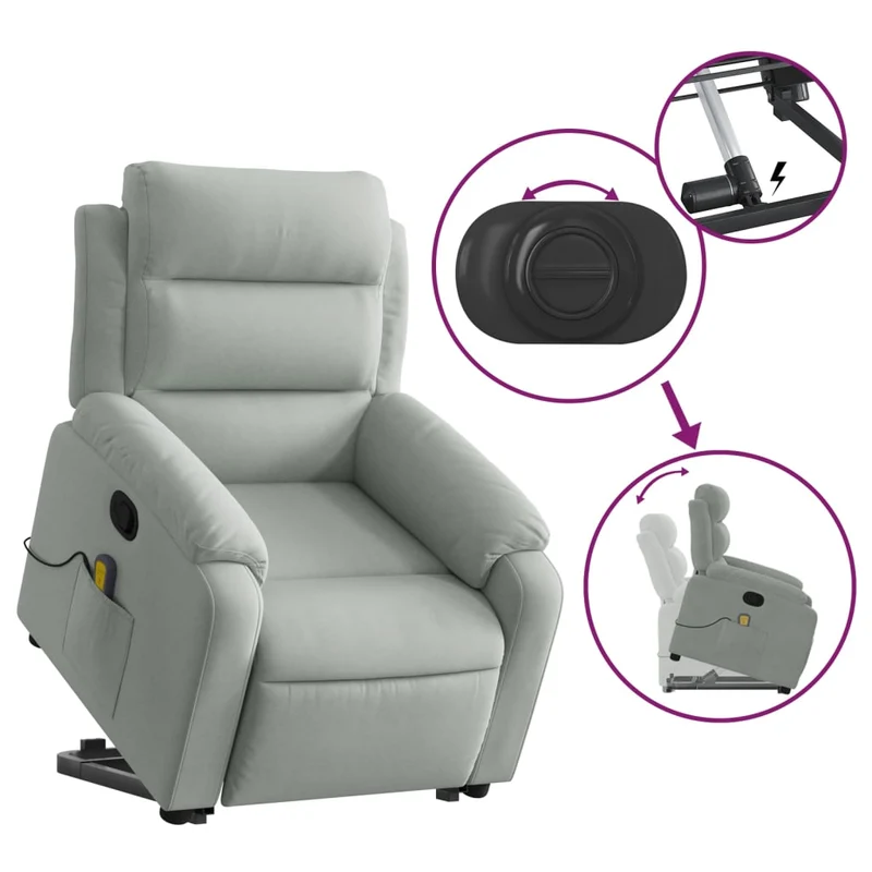 Fauteuil de relaxation TV fonction de levage électrique et massage en velours gris clair DEC026932
