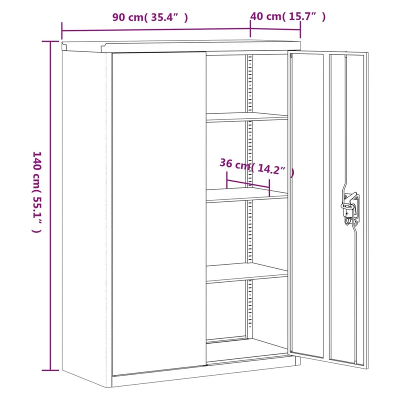 Caissons à tiroirs meuble de bureau avec 3 étagères réglables portes verrouillables 90 x 40 x 140 cm acier noir DEC024590
