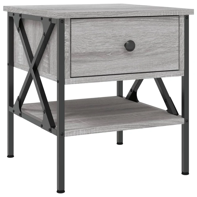 Lot de 2 tables de chevet avec tiroir et étagère 40 x 42 x 45 cm bois ingénierie gris et fer DEC035728