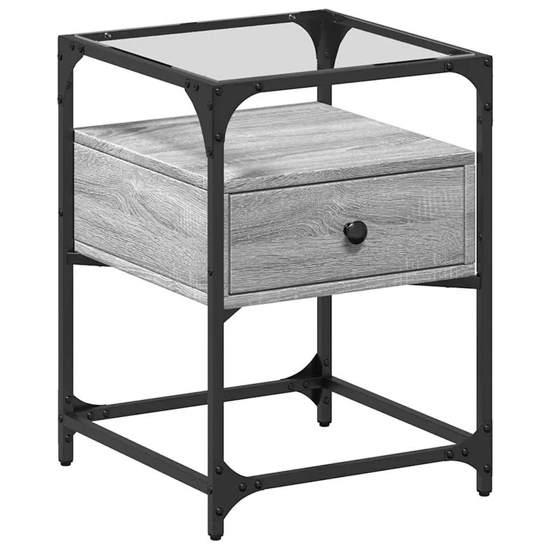 Lot de 2 tables de chevet avec tiroir 40 x 40 x 55 cm bois d'ingénierie gris acier et verre DEC035725