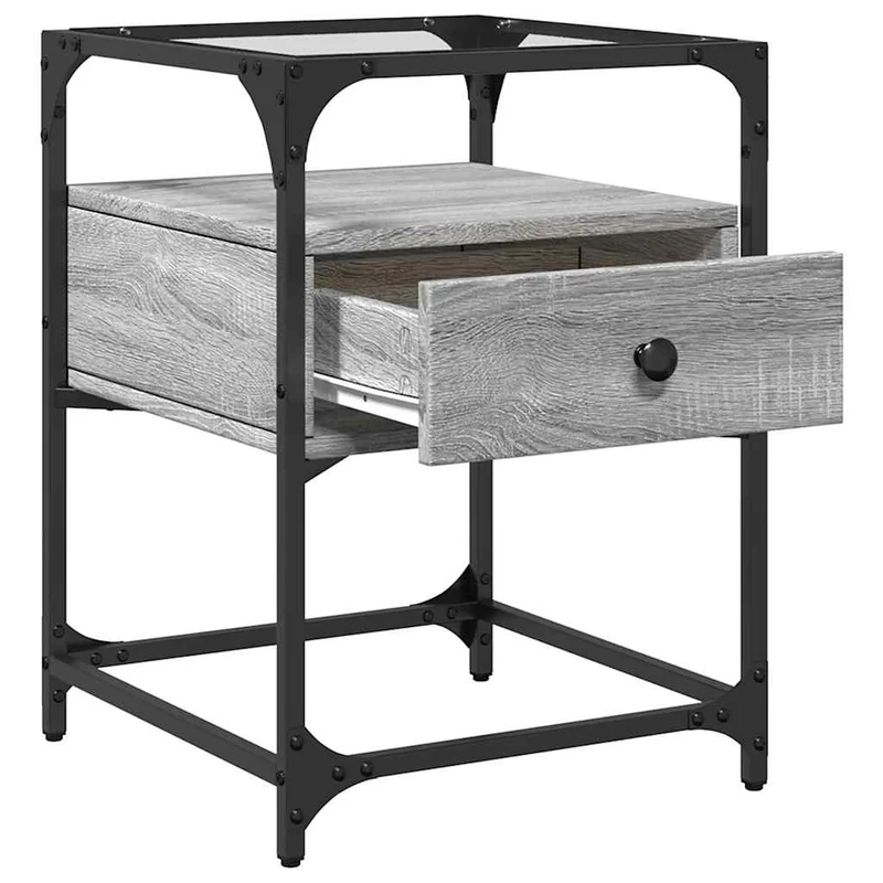 Lot de 2 tables de chevet avec tiroir 40 x 40 x 55 cm bois d'ingénierie gris acier et verre DEC035725