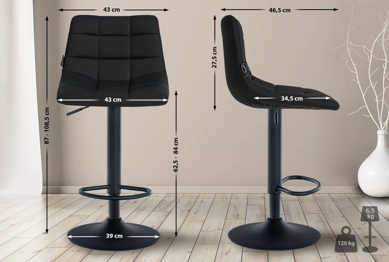 Lot de 2 tabourets de bar en synthétique noir base métal noir mat réglable en hauteur et repose-pieds TDB10637