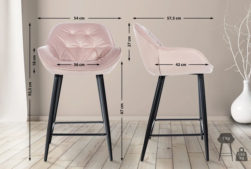 Lot de 2 tabourets de bar chaises hautes assise effet capitonnée en velours rose et métal noir 10_0004164