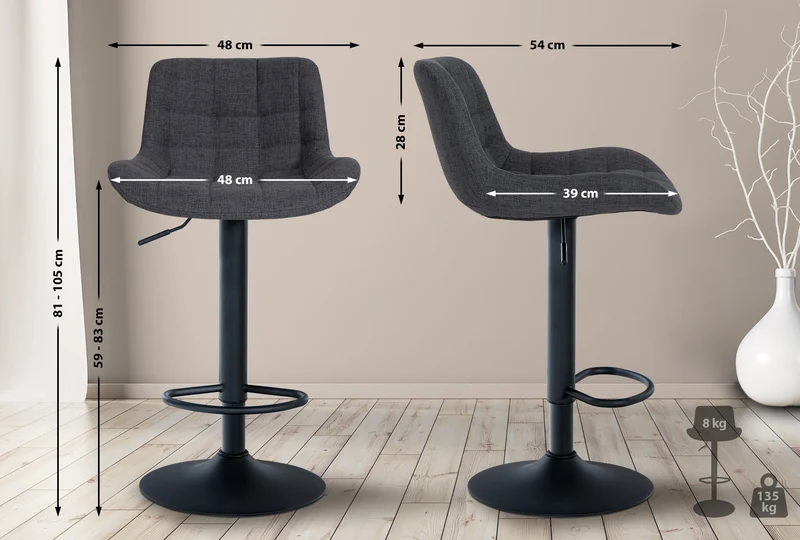 Lot de 2 tabourets de bar structure métallique noir assise en tissu noir avec surpiqûres 10_0004447