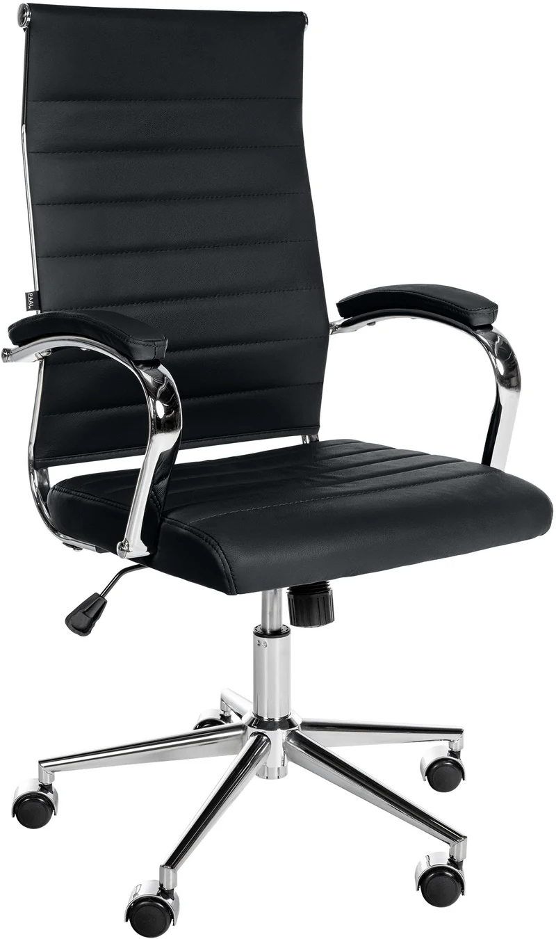Fauteuil de bureau en cuir véritable noir surpiqûre horizontale et pieds métal chromé 10_0002553