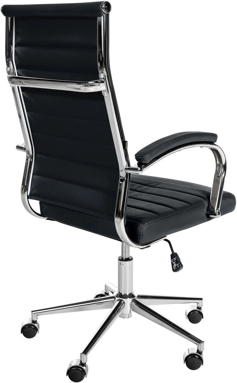 Fauteuil de bureau en cuir véritable noir surpiqûre horizontale et pieds métal chromé 10_0002553