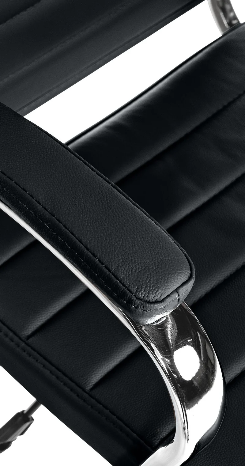 Fauteuil de bureau en cuir véritable noir surpiqûre horizontale et pieds métal chromé 10_0002553