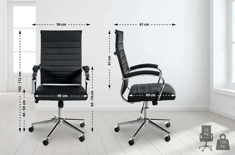 Fauteuil de bureau en cuir véritable noir surpiqûre horizontale et pieds métal chromé 10_0002553