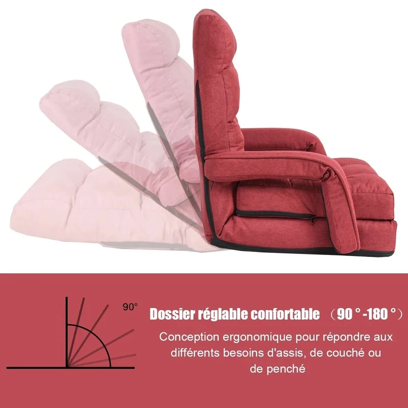 Fauteuil convertible chauffeuse convertible 1 place en tissu avec oreiller 5 positions rouge 20_0000628