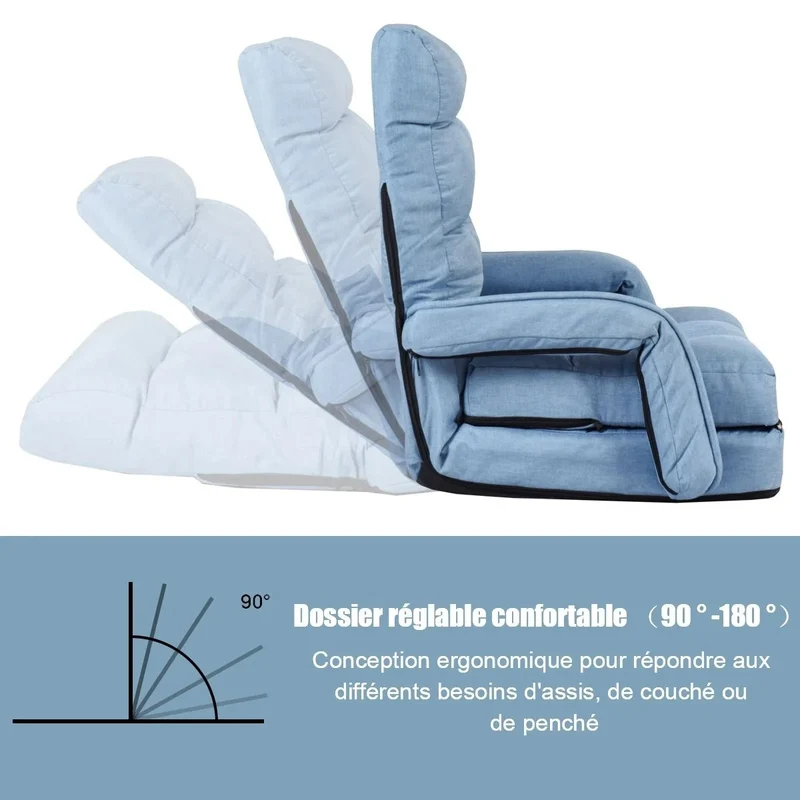 Fauteuil convertible chauffeuse convertible 1 place en tissu avec oreiller 5 positions bleu 20_0000627