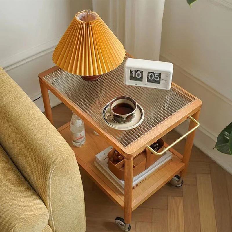 Contemporary Nordic Rectangular Cherry Wood Paulownia Wood Veneer Brass Glass End Table 2-Tier For Living Room