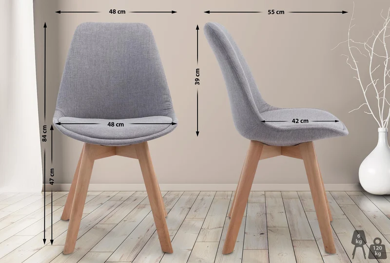 Chaise de salle à manger x1 design scandinave en tissu gris et piètement à 4 pieds en bois clair 10_0003272