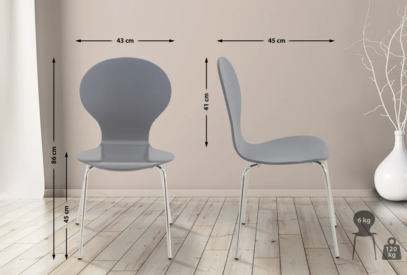 Lot de 4 chaises de cuisine salle à manger empilables dossier arrondi en bois gris et métal chromé 10_0003179