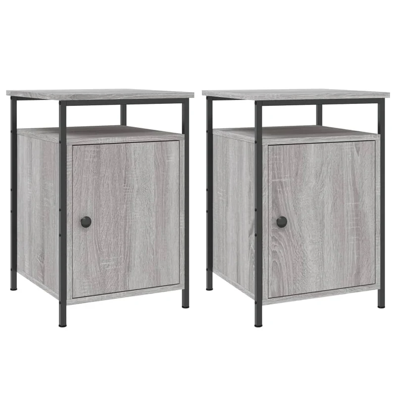 Lot de 2 tables de chevet avec compartiment avec porte 40 x 42 x 60cm bois d'ingénierie gris et fer DEC035737