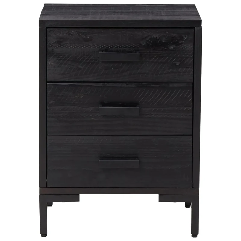 Table de chevet avec 3 tiroirs 40 x 30 x 55 cm bois de pin noir et métal DEC034402