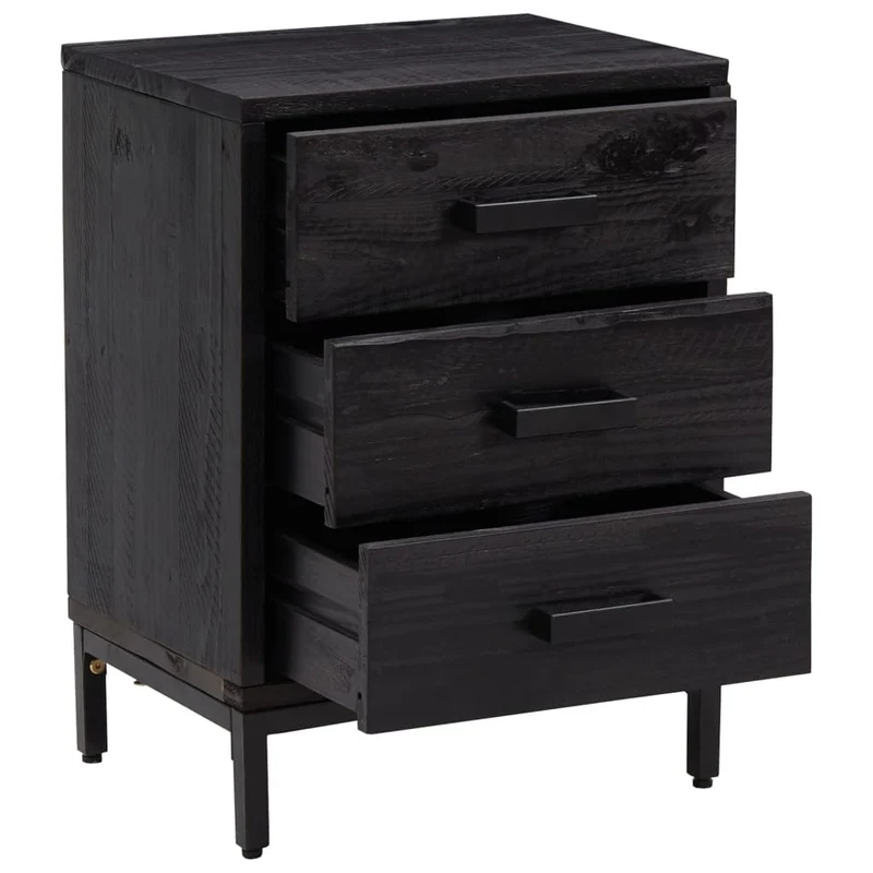 Table de chevet avec 3 tiroirs 40 x 30 x 55 cm bois de pin noir et métal DEC034402