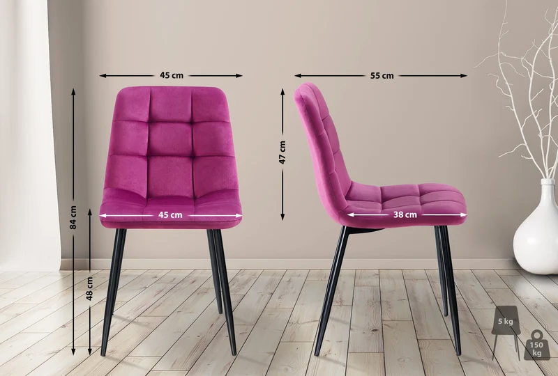 Chaise de salle à manger x1 coutures forme carrées en velours violet pieds en métal noir 10_0001968
