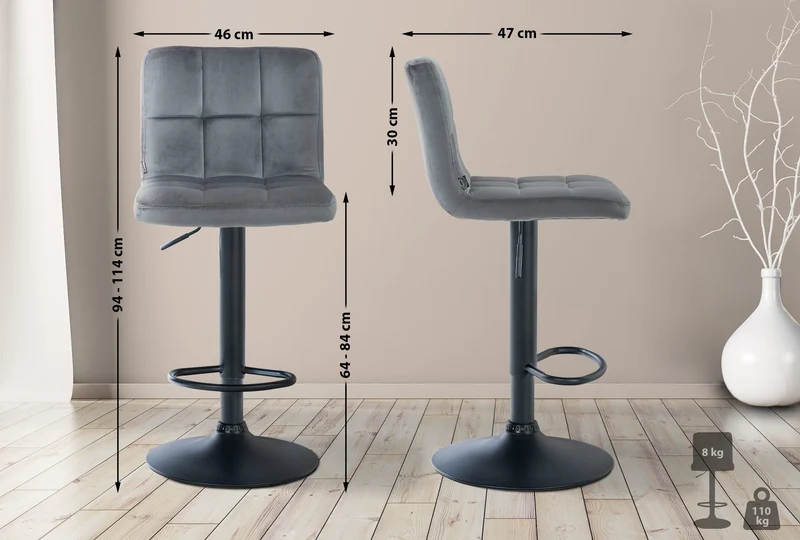 Lot de 2 tabourets de bar en velours gris foncé avec coutures décoratives pied en trompette métal noir 10_0004396