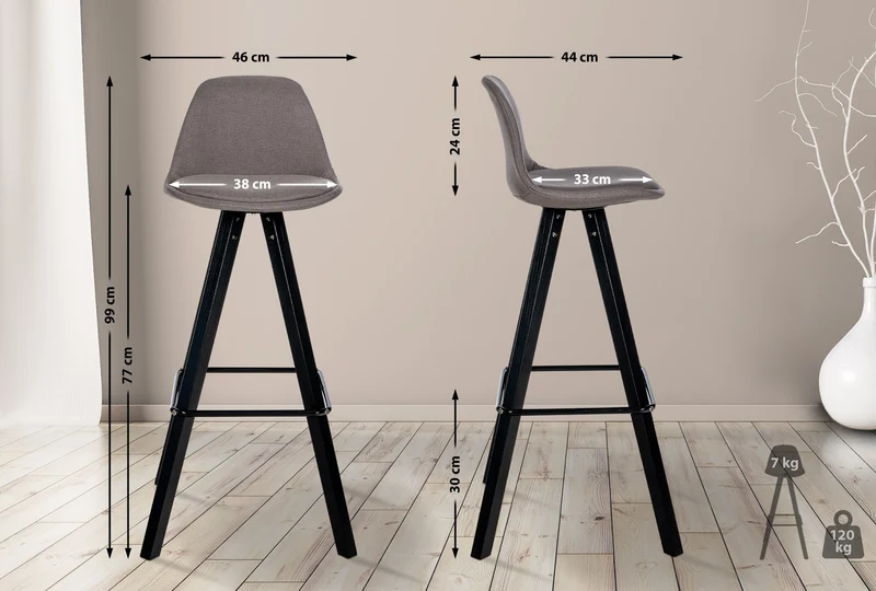 Tabouret de bar chaise haute x1 repose-pieds style scandinave en tissu taupe structure en bois noir carré 10_0004643