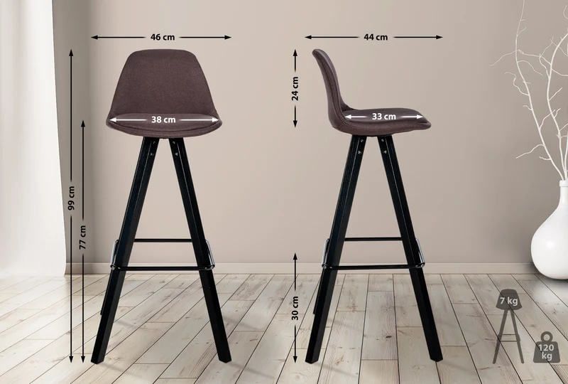 Tabouret de bar chaise haute x1 repose-pieds style scandinave en tissu marron structure en bois noir carré 10_0004642