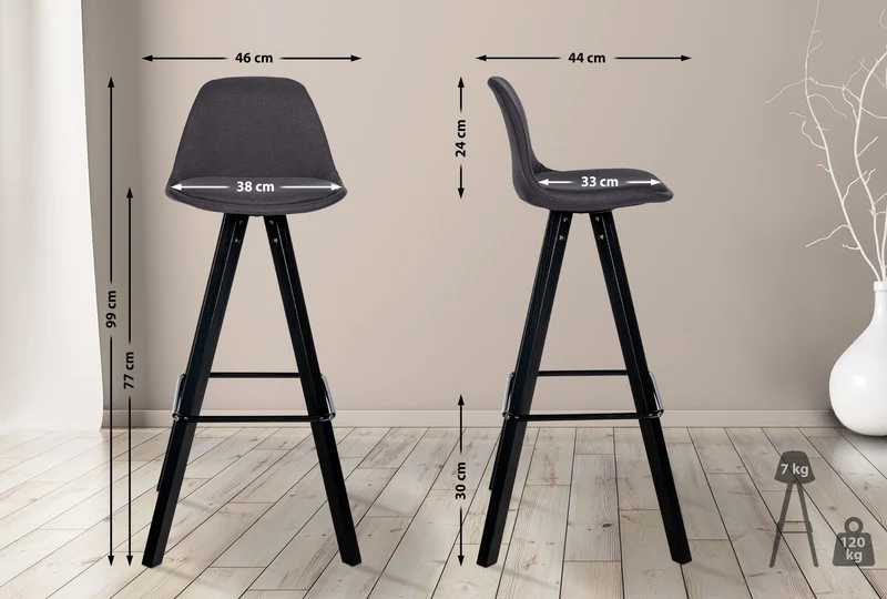 Tabouret de bar chaise haute x1 repose-pieds style scandinave en tissu gris foncé structure en bois noir carré 10_0004641