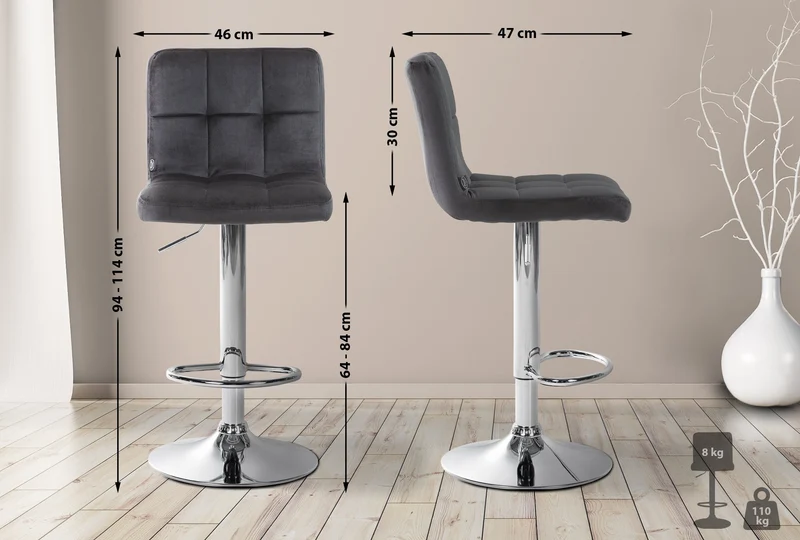 Lot de 2 tabourets de bar en velours noir avec coutures décoratives pied en trompette métal chromé 10_0004393
