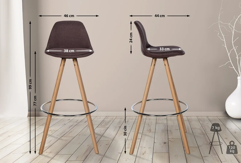 Tabouret de bar chaise haute x1 repose-pieds style scandinave en tissu marron structure en bois clair rond 10_0004634