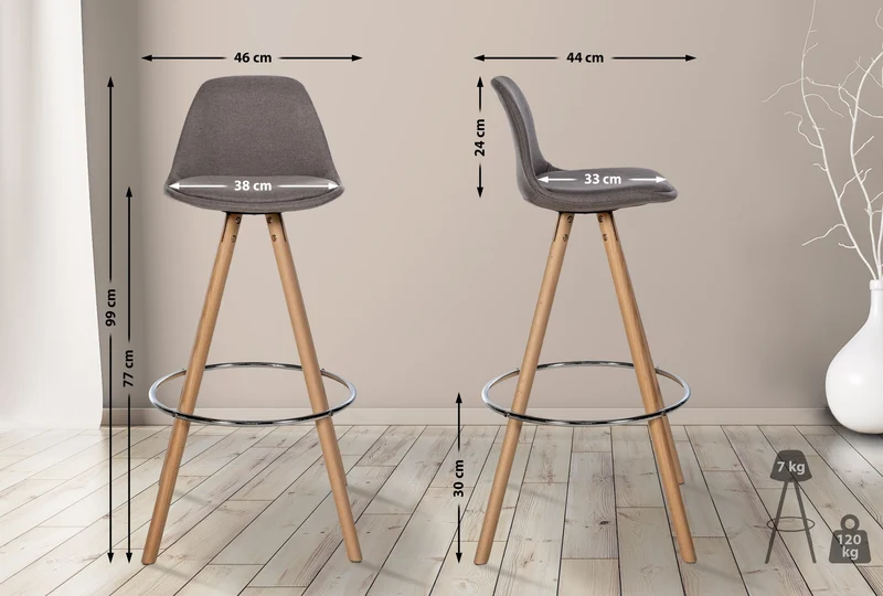 Tabouret de bar chaise haute x1 repose-pieds style scandinave en tissu taupe structure en bois clair rond 10_0004635