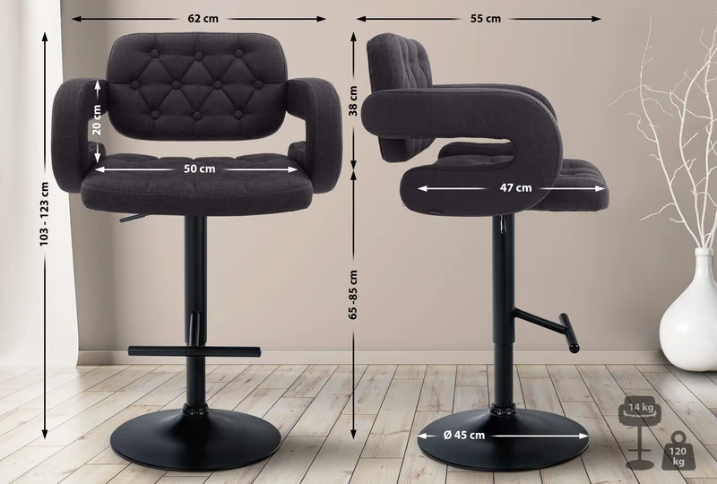Tabouret de bar x1 avec repose-pied et accoudoirs capitonné en tissu noir support en métal noir 10_0004795