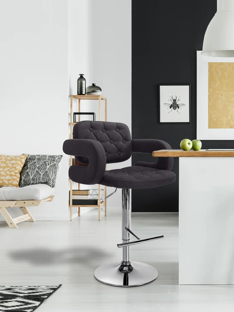 Tabouret de bar x1 avec repose-pied et accoudoirs capitonné en tissu noir support en métal chromé 10_0004792