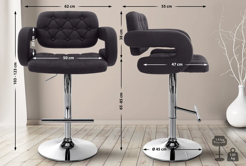 Tabouret de bar x1 avec repose-pied et accoudoirs capitonné en tissu noir support en métal chromé 10_0004792