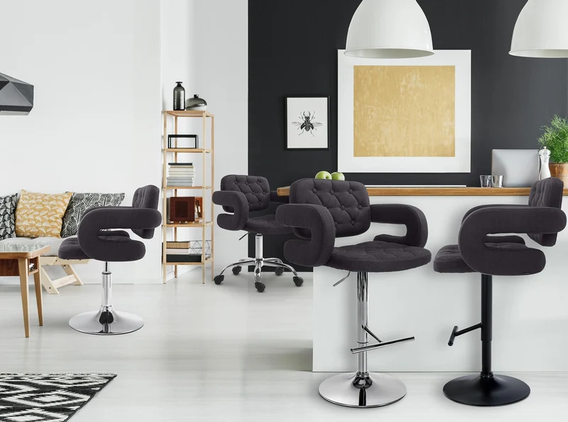 Tabouret de bar x1 avec repose-pied et accoudoirs capitonné en tissu noir support en métal chromé 10_0004792