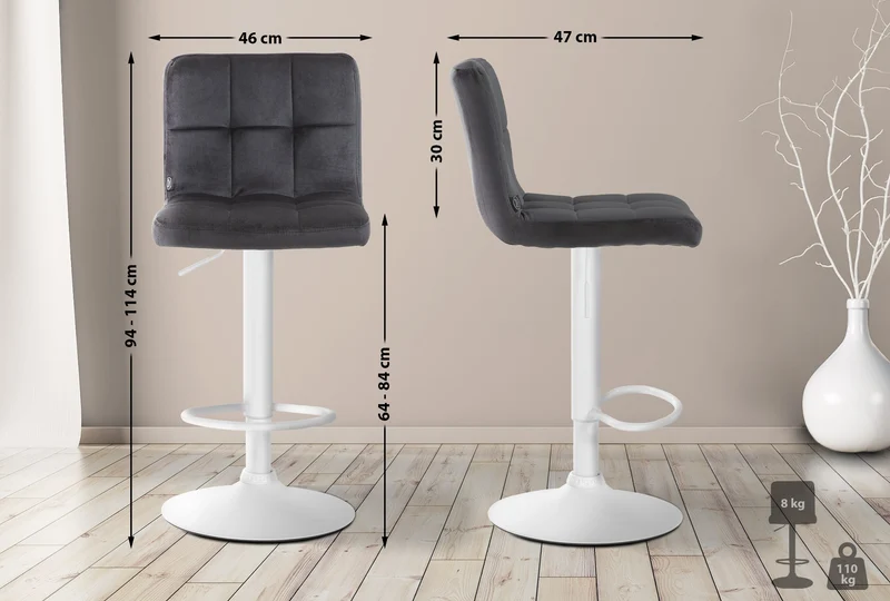 Lot de 2 tabourets de bar en velours noir avec coutures décoratives pied en trompette métal blanc 10_0004405