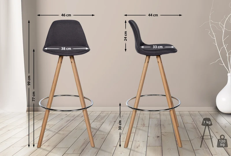 Tabouret de bar chaise haute x1 repose-pieds style scandinave en tissu gris foncé structure en bois clair rond 10_0004633