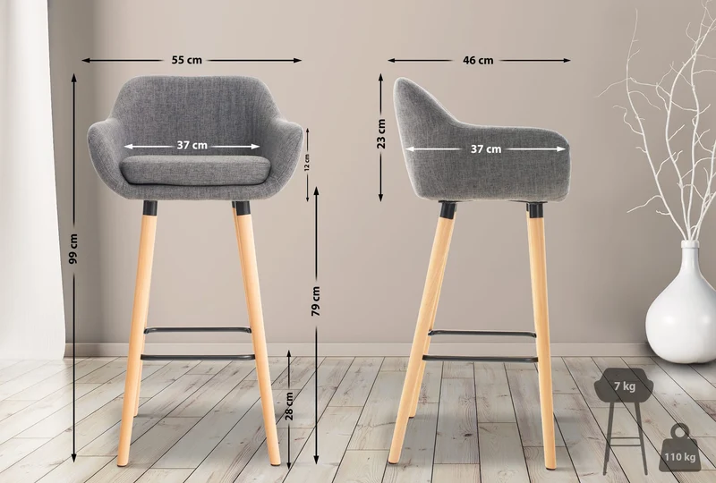Tabouret de bar lounge x1 design scandinave assise en tissu gris clair pieds en bois repose-pieds en métal 10_0004924