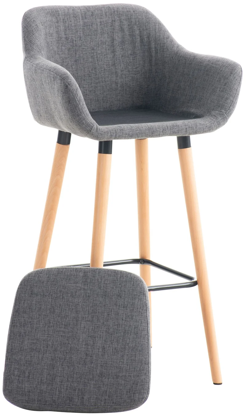 Tabouret de bar lounge x1 design scandinave assise en tissu gris clair pieds en bois repose-pieds en métal 10_0004924