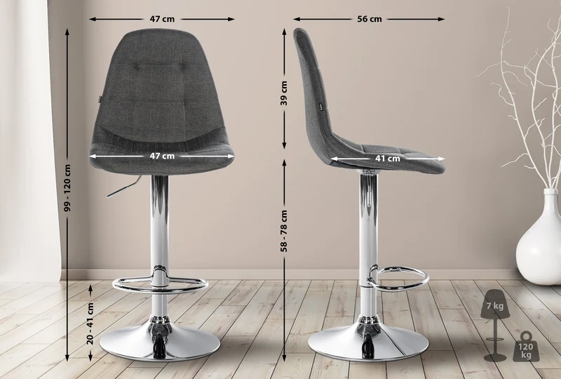 Tabouret de bar x1 avec repose-pieds hauteur réglable pivotant assise en tissu gris foncé cadre métallique chromé 10_0004845