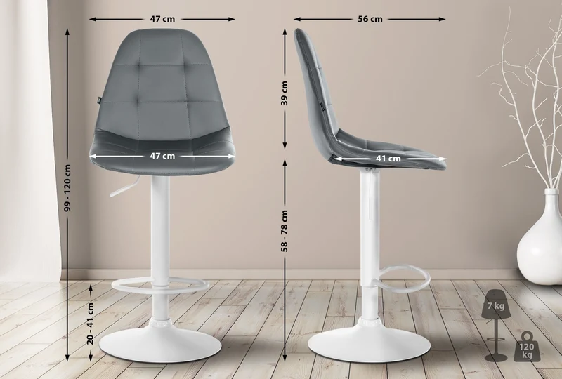 Tabouret de bar x1 avec repose-pieds hauteur réglable pivotant assise en PVC gris cadre métallique blanc 10_0004831