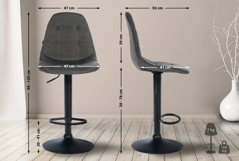Tabouret de bar x1 avec repose-pieds hauteur réglable pivotant assise en tissu gris foncé cadre métallique noir 10_0004839