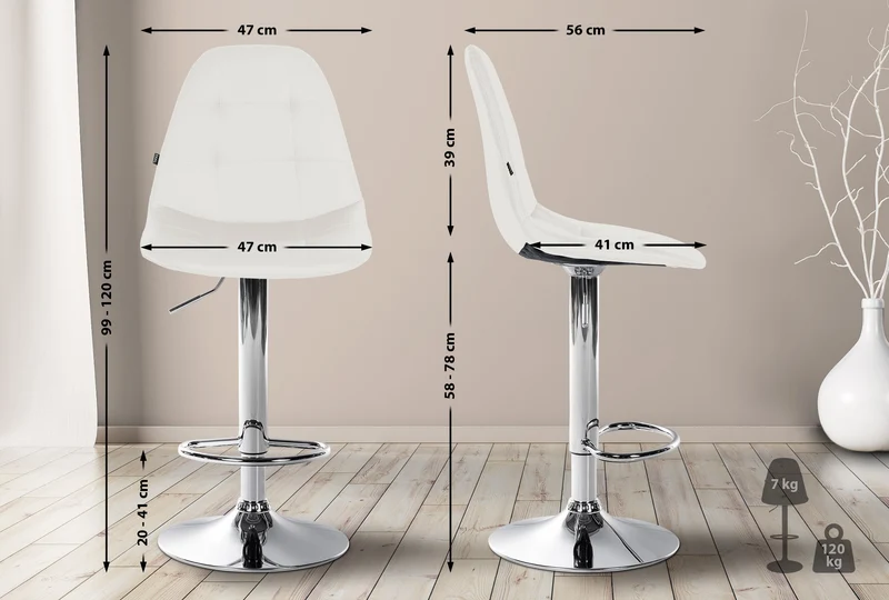 Tabouret de bar x1 avec repose-pieds hauteur réglable pivotant assise en PVC blanc cadre métallique chromé 10_0004827