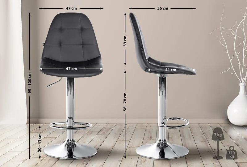 Tabouret de bar x1 avec repose-pieds hauteur réglable pivotant assise en PVC noir cadre métallique chromé 10_0004826